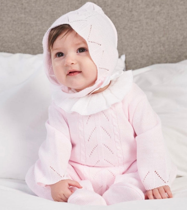 PINK RUFFLE COLLAR KNITTED BABYGROW WITH HAT