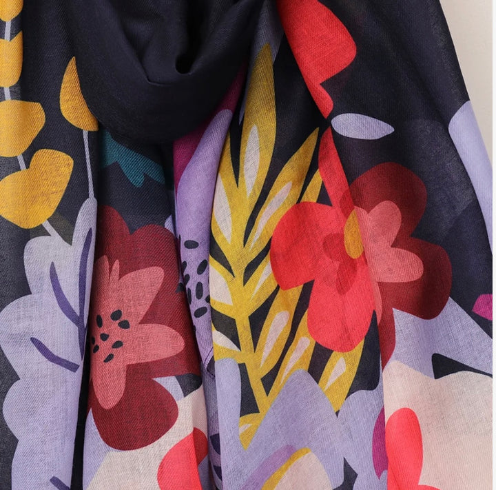 NAVY BLUE RECYCLED SCARF WITH TROPICAL PRINT EDGE