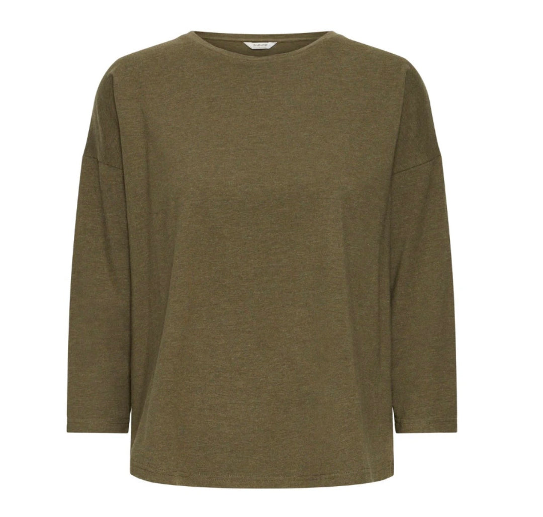 MILITARY OLIVE MELANGE PAMILA MID SLEEVE T-SHIRT