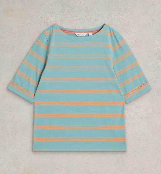 BLUE MULTI STRIPE SYDNEY BOAT NECK TOP