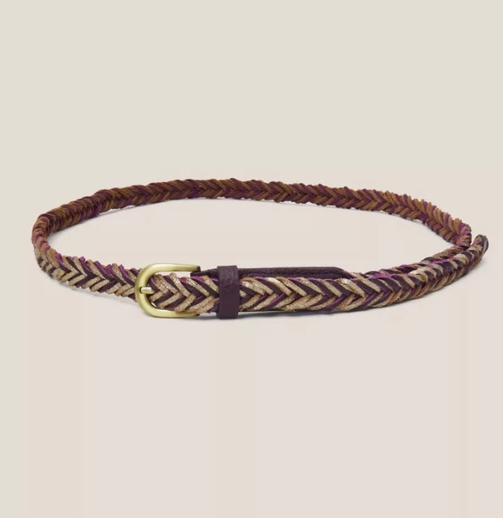 PLUM MULTI PLAITED LEATHER SKINNY BELT