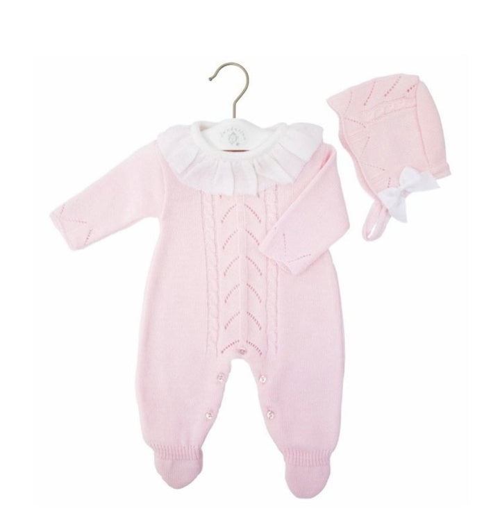 PINK RUFFLE COLLAR KNITTED BABYGROW WITH HAT