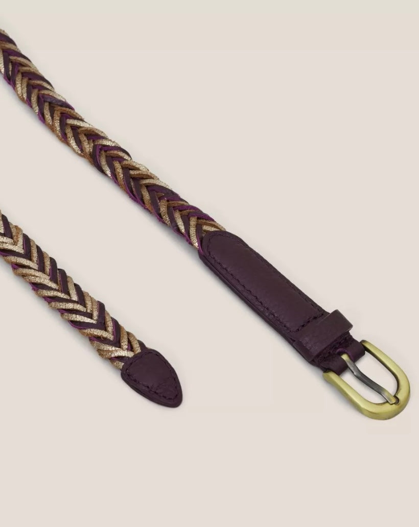 PLUM MULTI PLAITED LEATHER SKINNY BELT