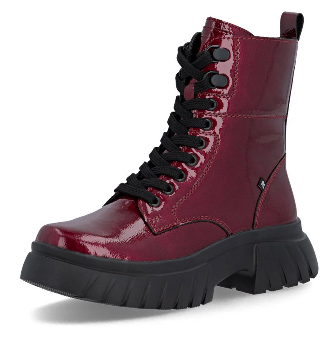 RED PATENT LACE UP BOOT