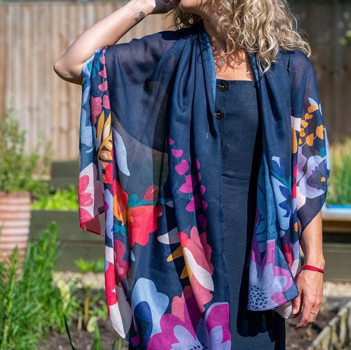 NAVY BLUE RECYCLED SCARF WITH TROPICAL PRINT EDGE