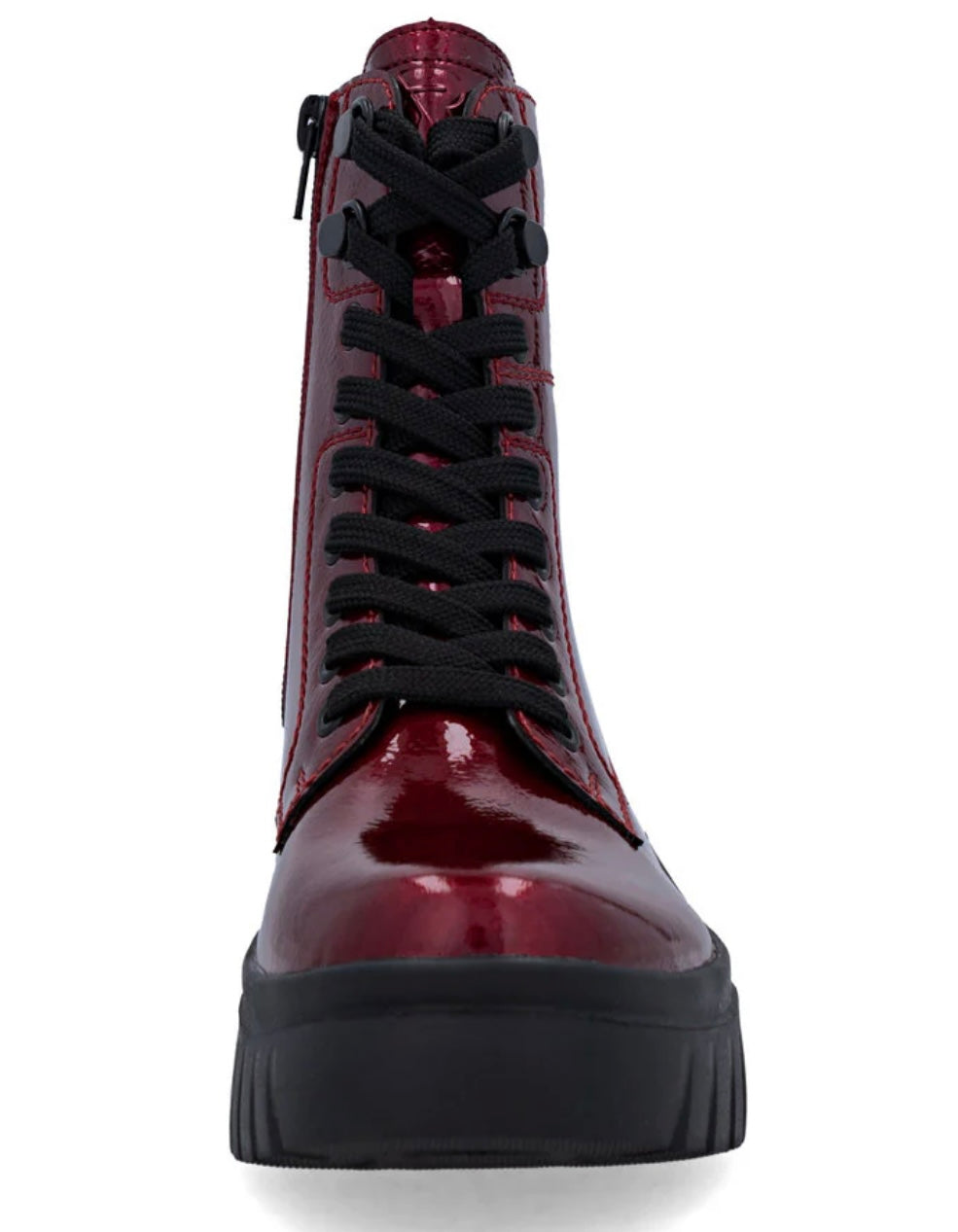 RED PATENT LACE UP BOOT