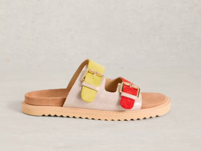 SILVER METALLIC MULTI PATTY FOOTBED SANDAL