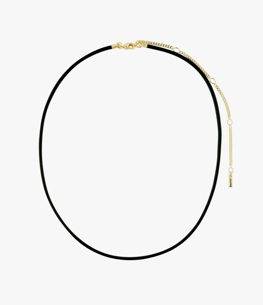 CHARM BLACK LEATHER & GOLD PLATED CORD NECKLACE