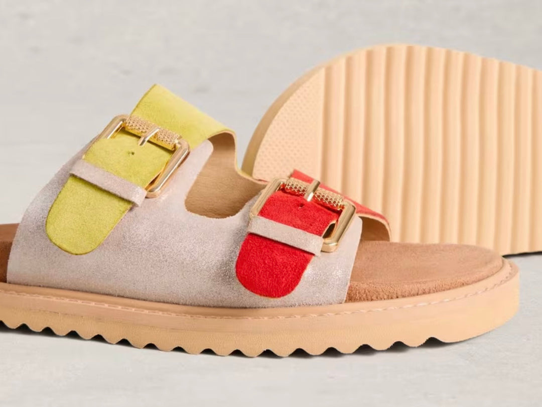 SILVER METALLIC MULTI PATTY FOOTBED SANDAL