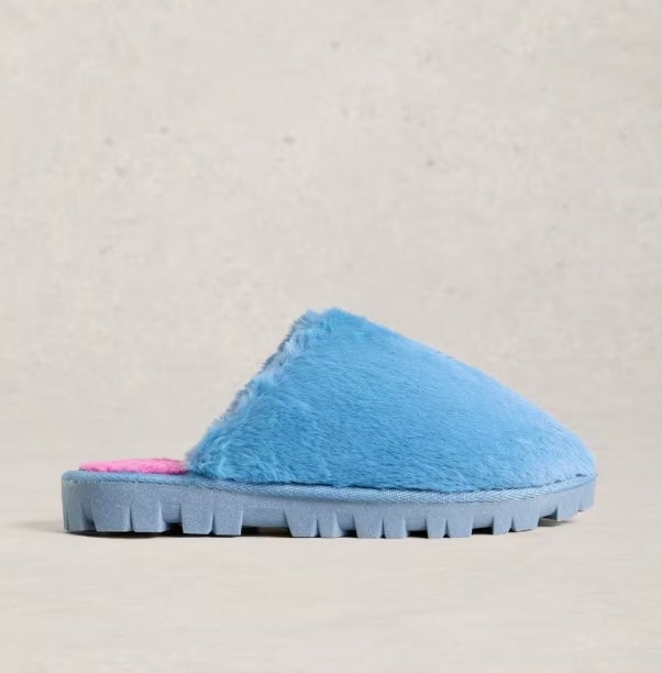 BRIGHT BLUE FAUX FUR SLIPPER MULE