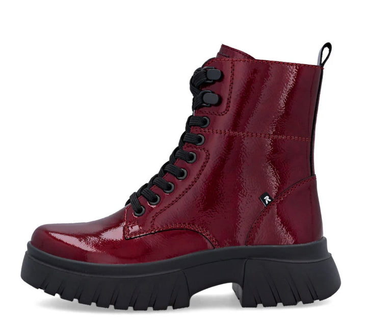RED PATENT LACE UP BOOT