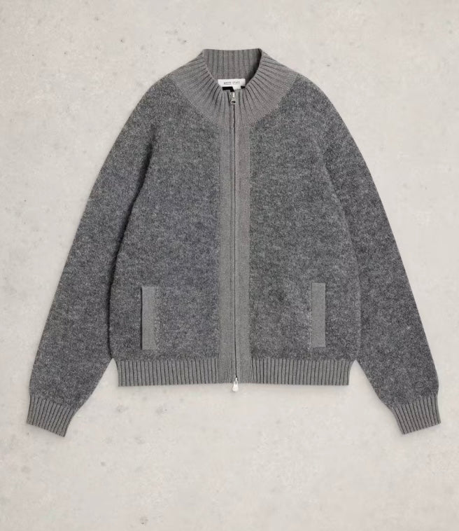 MID GREY BOBBY BOUCLE ZIP CARDIGAN