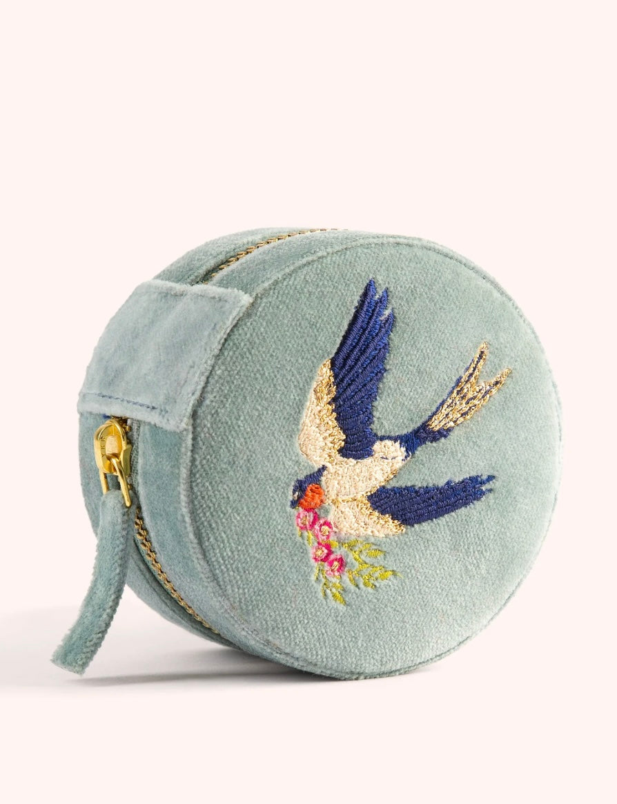 ROUND JEWELLERY BOX TRAVEL CASE SWOOPING SWALLOWS ICE