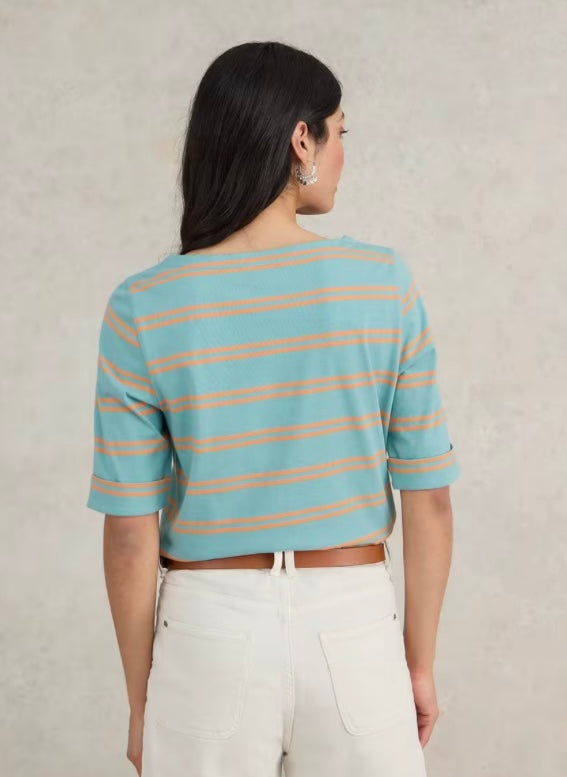 BLUE MULTI STRIPE SYDNEY BOAT NECK TOP