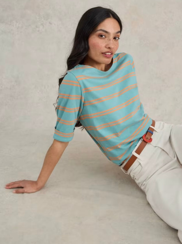 BLUE MULTI STRIPE SYDNEY BOAT NECK TOP