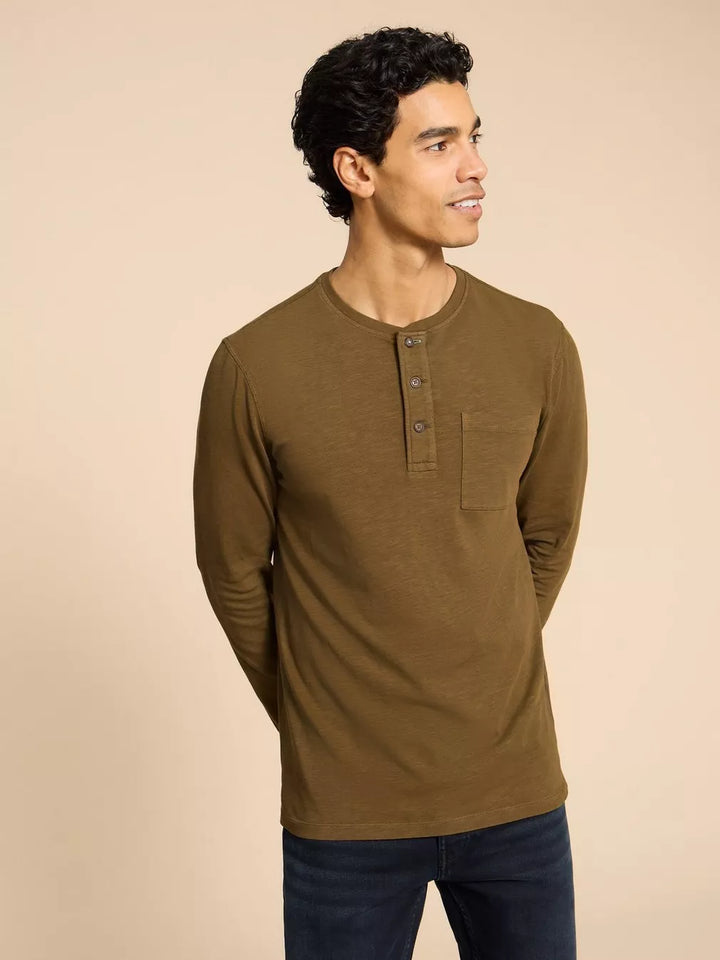 KHAKI GREEN NEWTON LONG SLEEVE HENLEY TOP