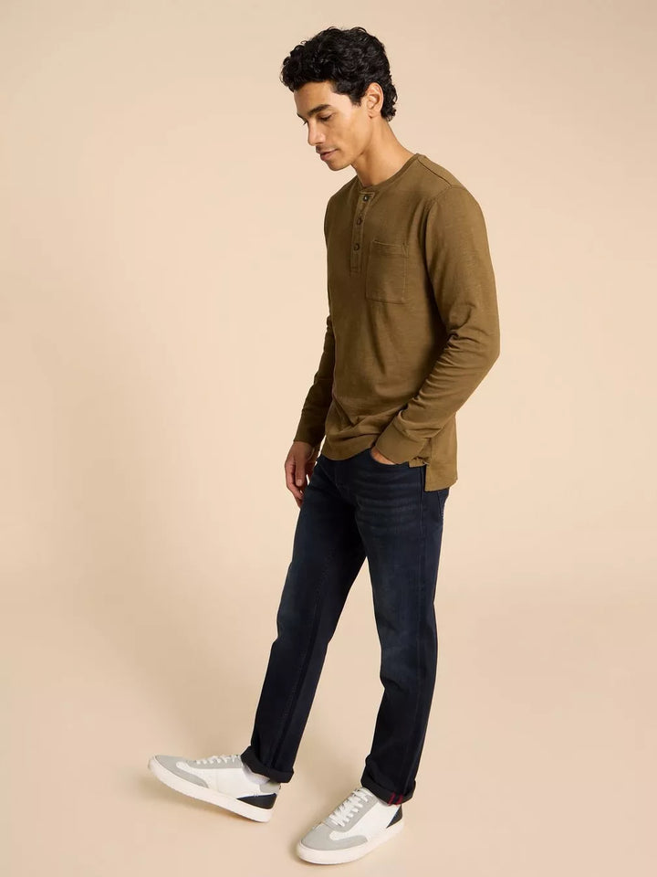 KHAKI GREEN NEWTON LONG SLEEVE HENLEY TOP