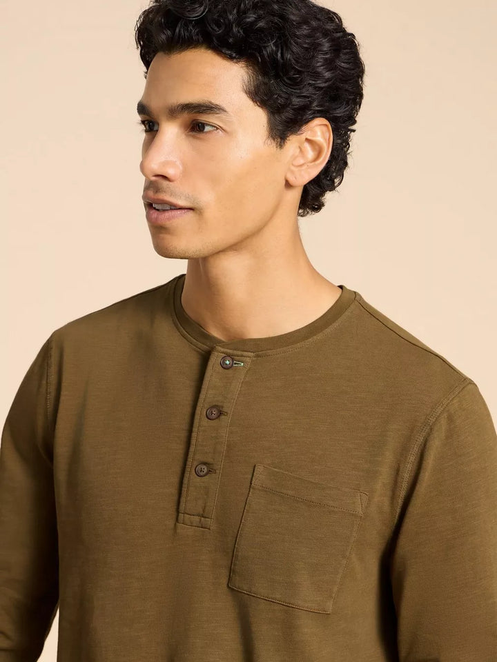 KHAKI GREEN NEWTON LONG SLEEVE HENLEY TOP