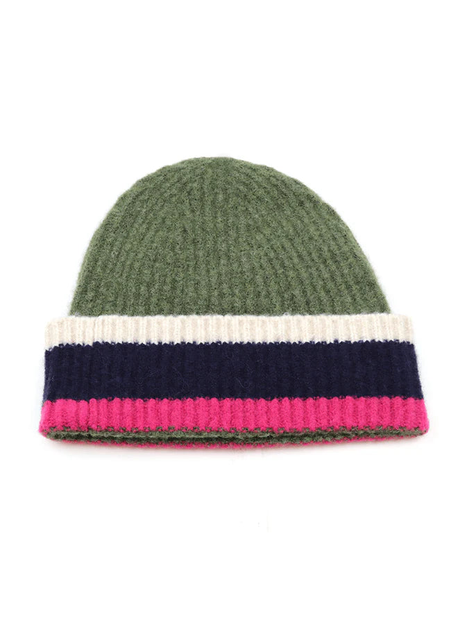 OLIVE GREEN & PINK BEANIE HAT