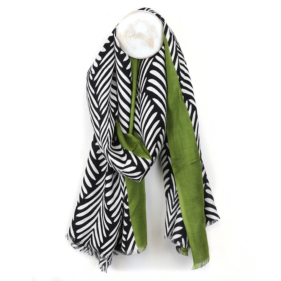 OLIVE BORDER MONOCHROME LEAF PRINT SCARF