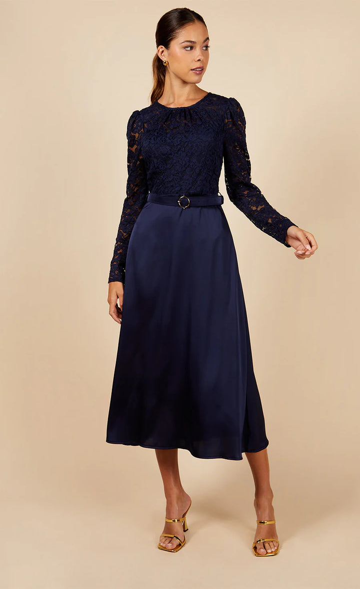 NAVY LACE BELTED MIDAXI DRESS