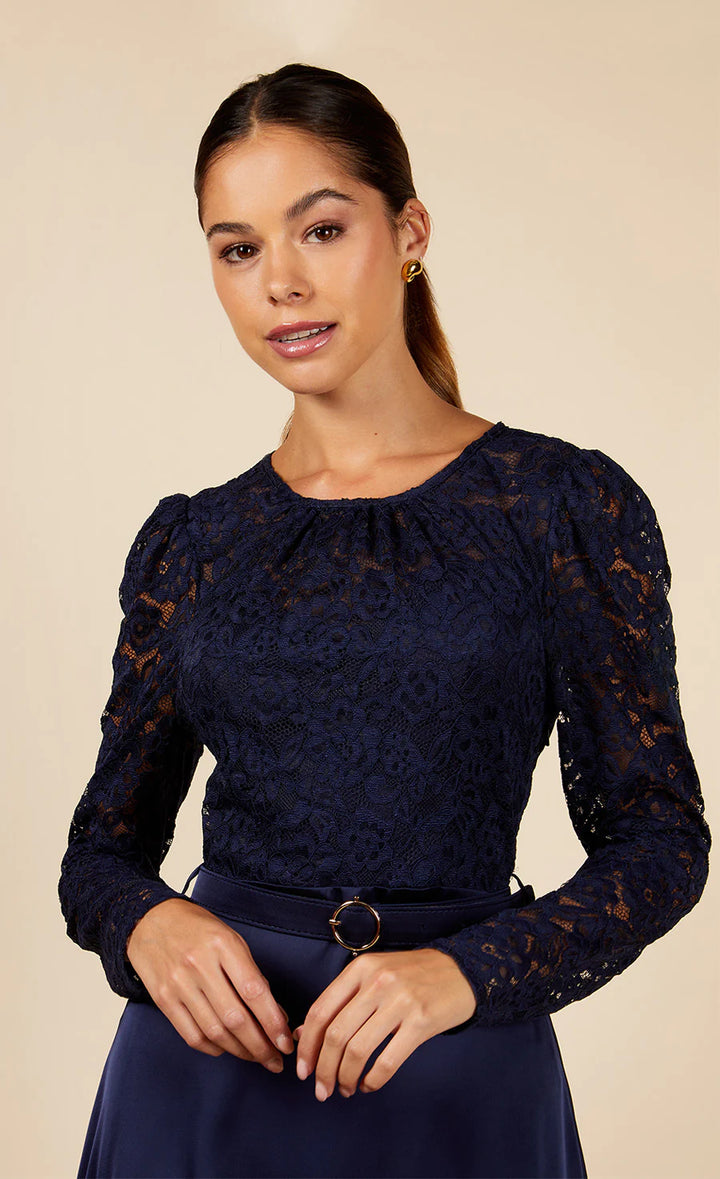 NAVY LACE BELTED MIDAXI DRESS