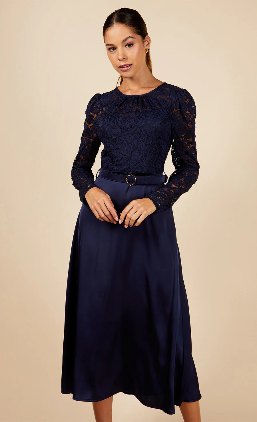 NAVY LACE BELTED MIDAXI DRESS