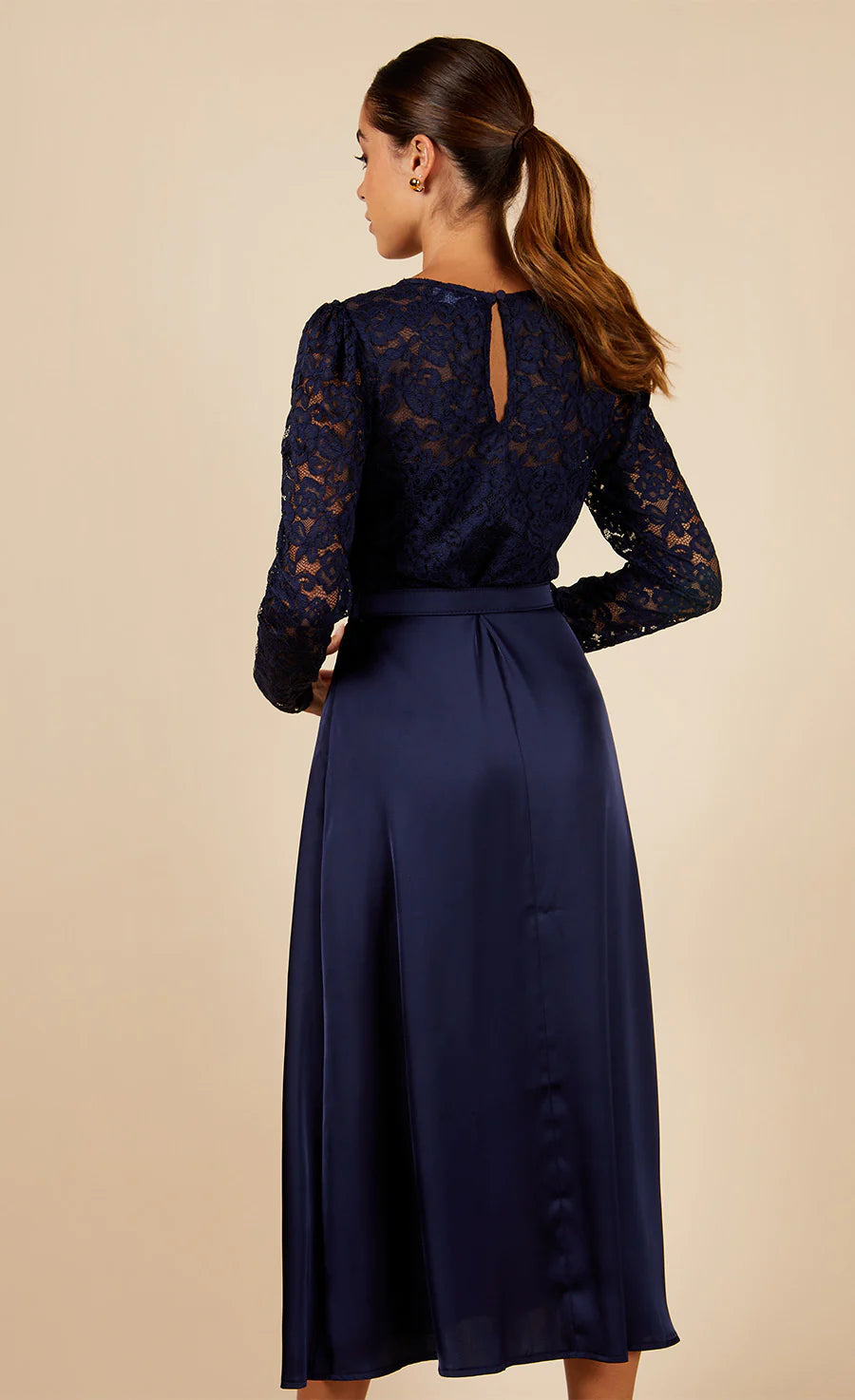 NAVY LACE BELTED MIDAXI DRESS