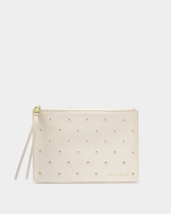 TASSEL CHARM POUCH OFF WHITE & GOLD STUDS