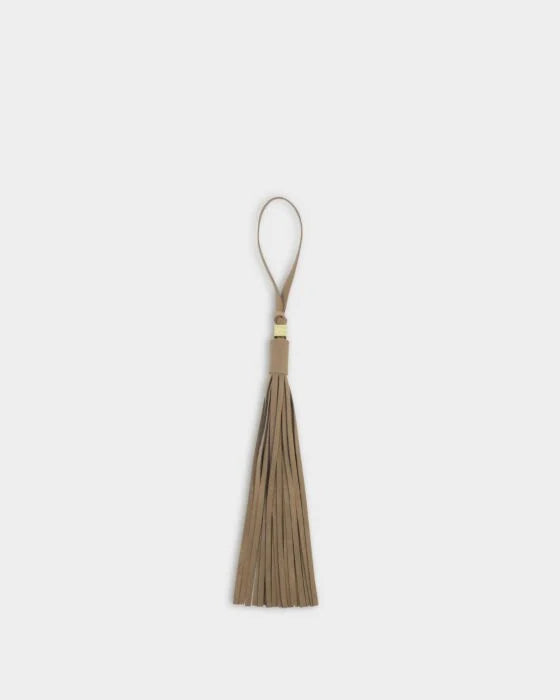 OVERSIZED SUEDETTE TASSLE BAG CHARM TAUPE