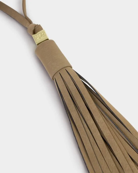 OVERSIZED SUEDETTE TASSLE BAG CHARM TAUPE