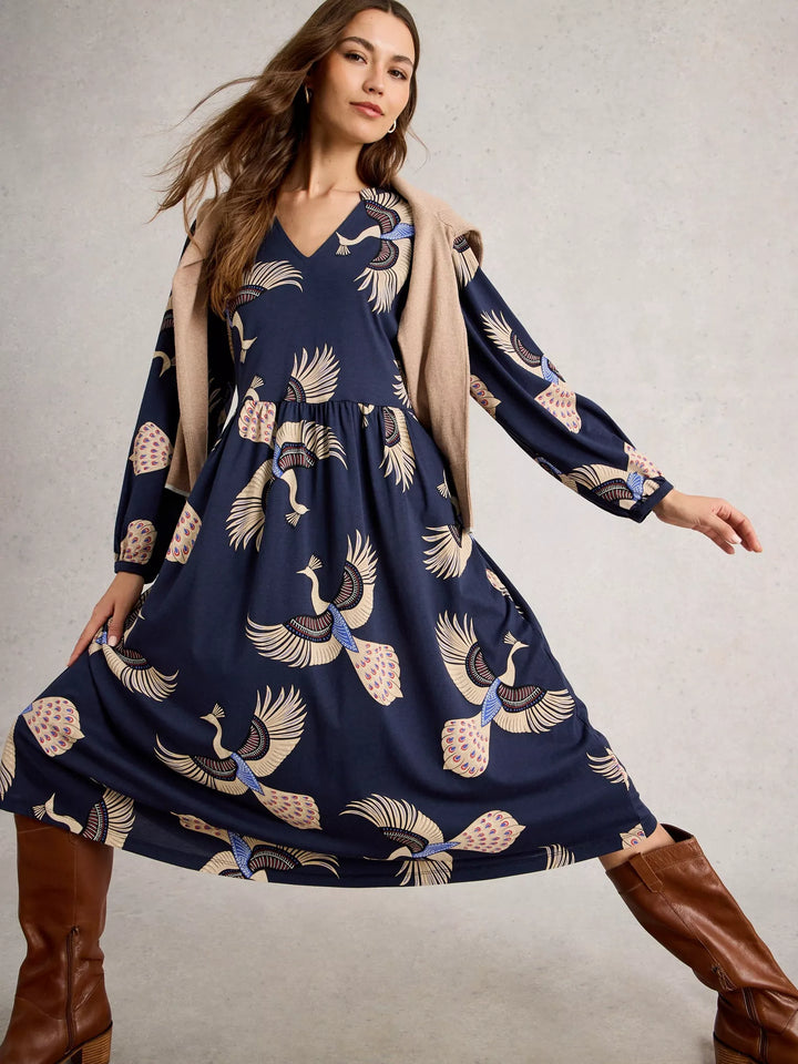 NAVY MULTI LEAH JERSEY DRESS