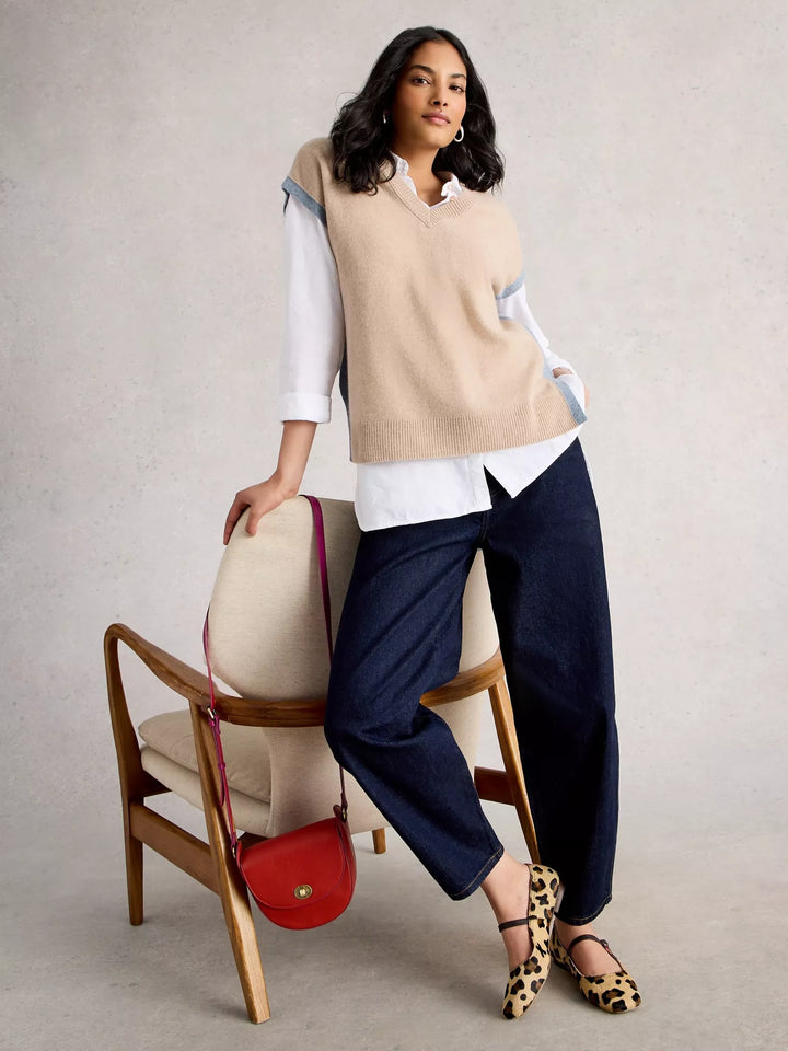 LIGHT NATURAL CASHMERE V NECK TANK TOP