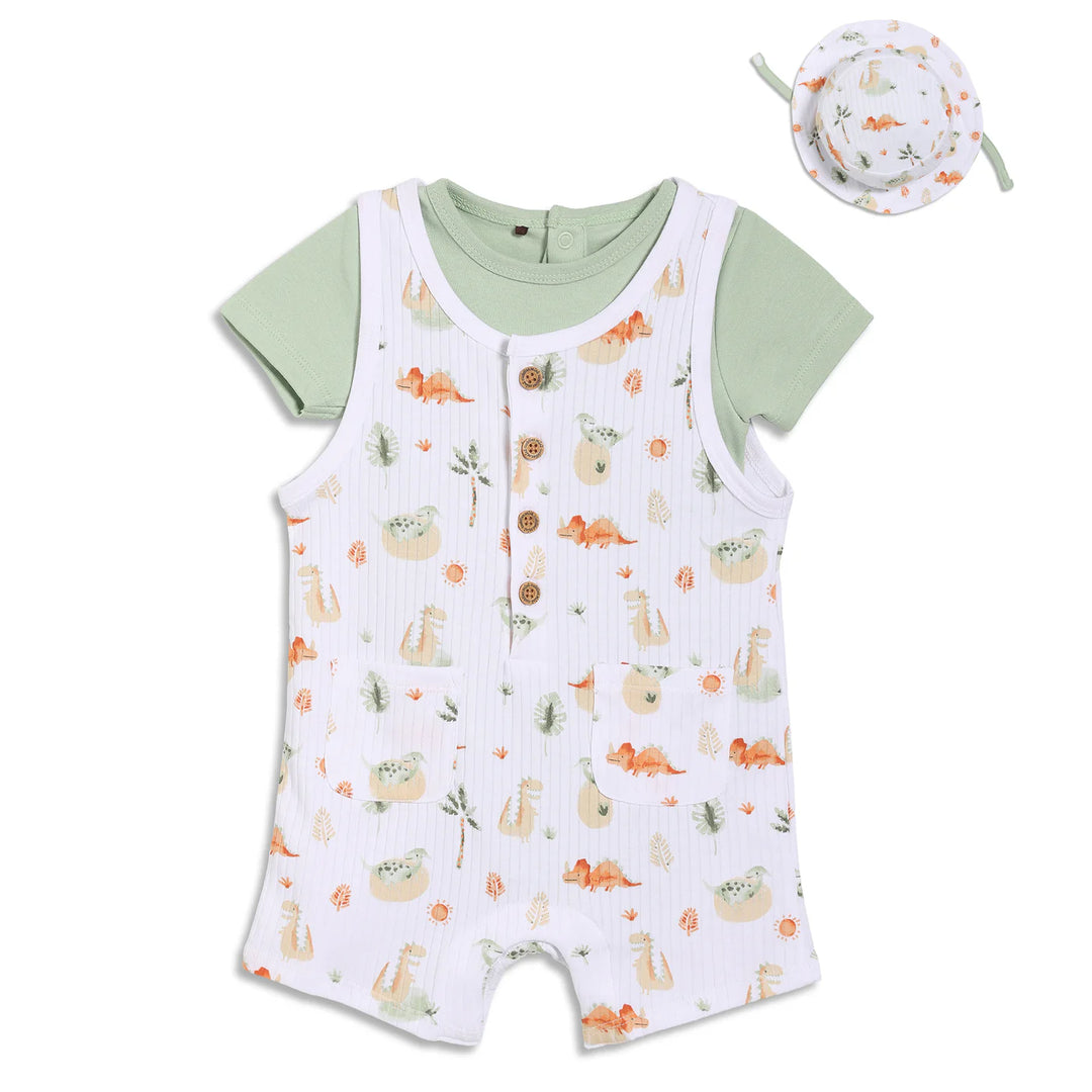DINOSAUR PRINTED DUNGAREE SET WITH MATCHING HAT