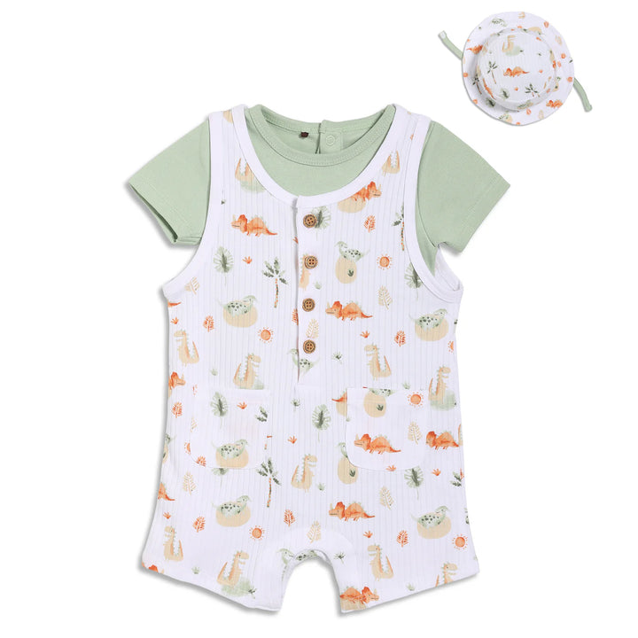 DINOSAUR PRINTED DUNGAREE SET WITH MATCHING HAT
