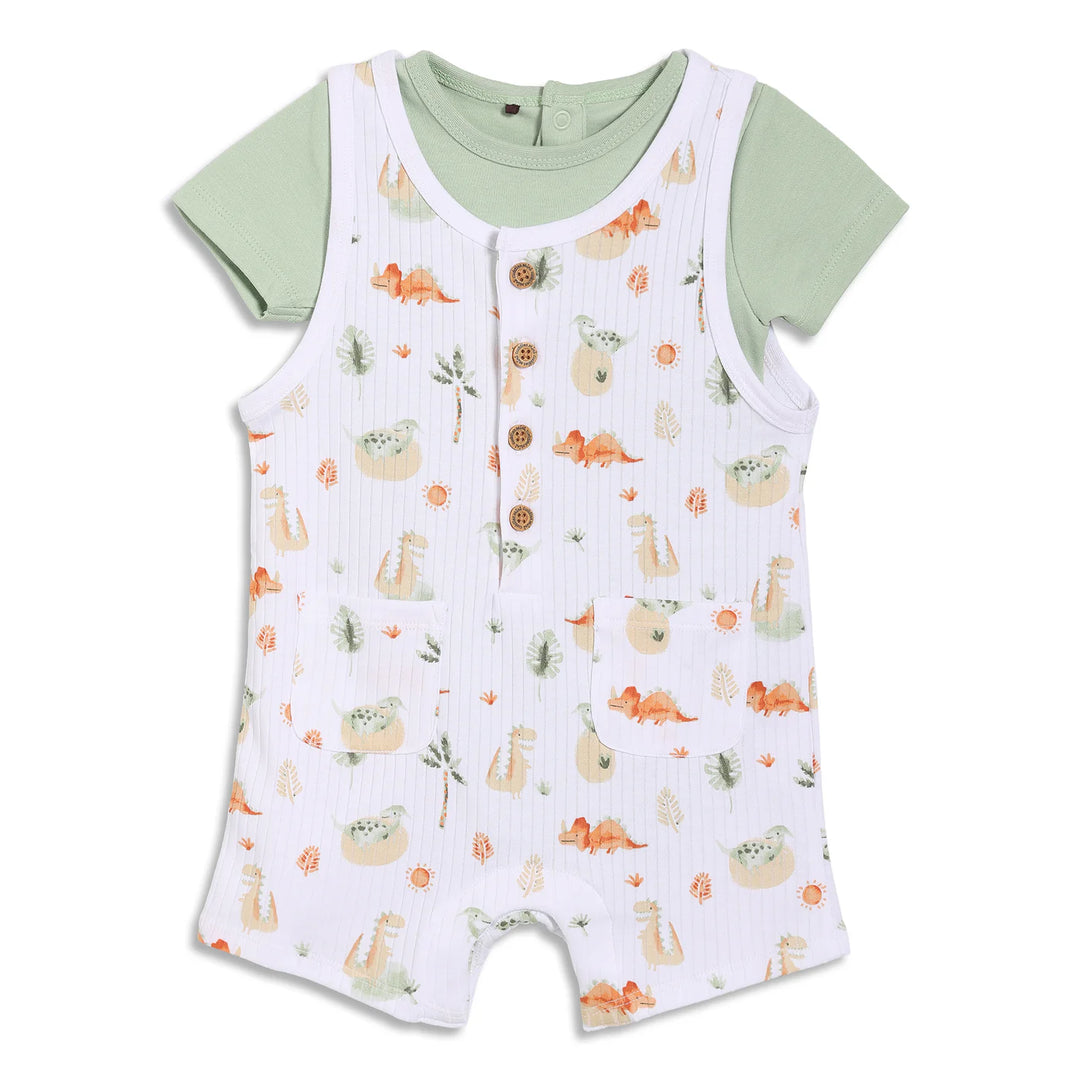 DINOSAUR PRINTED DUNGAREE SET WITH MATCHING HAT