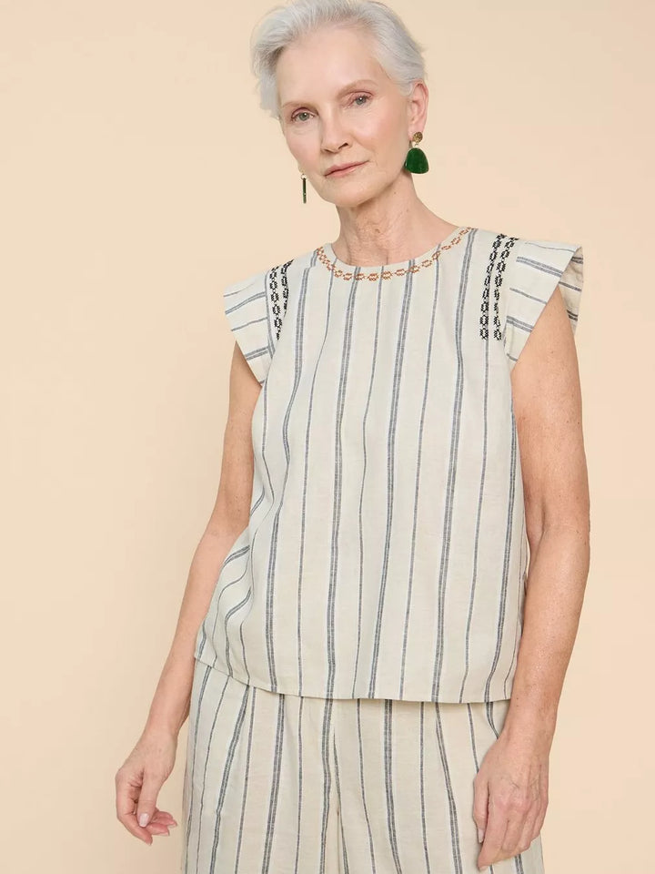 NATURAL MULTI CARLA STRIPE LINEN BLEND TOP