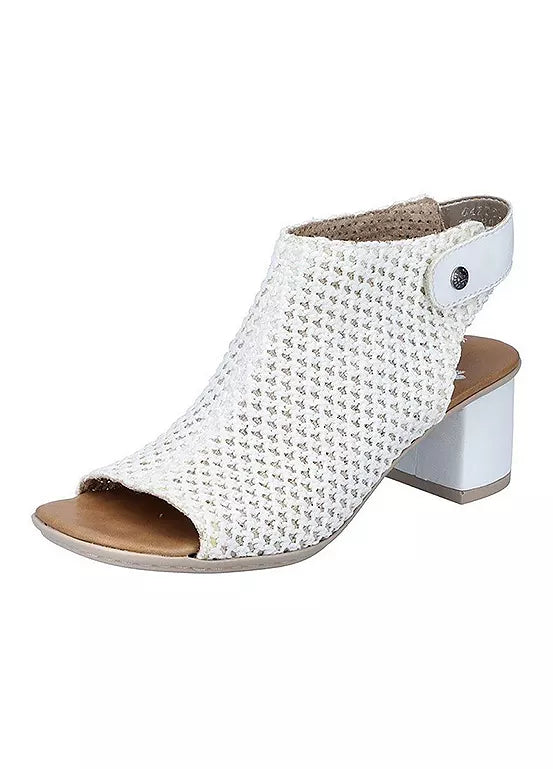 WHITE BLOCK HEEL WOVEN SANDAL