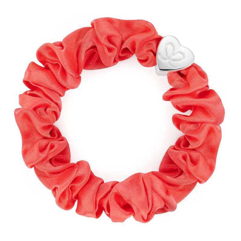 SILVER HEART SILK SCRUNCHIE NEON PEACH