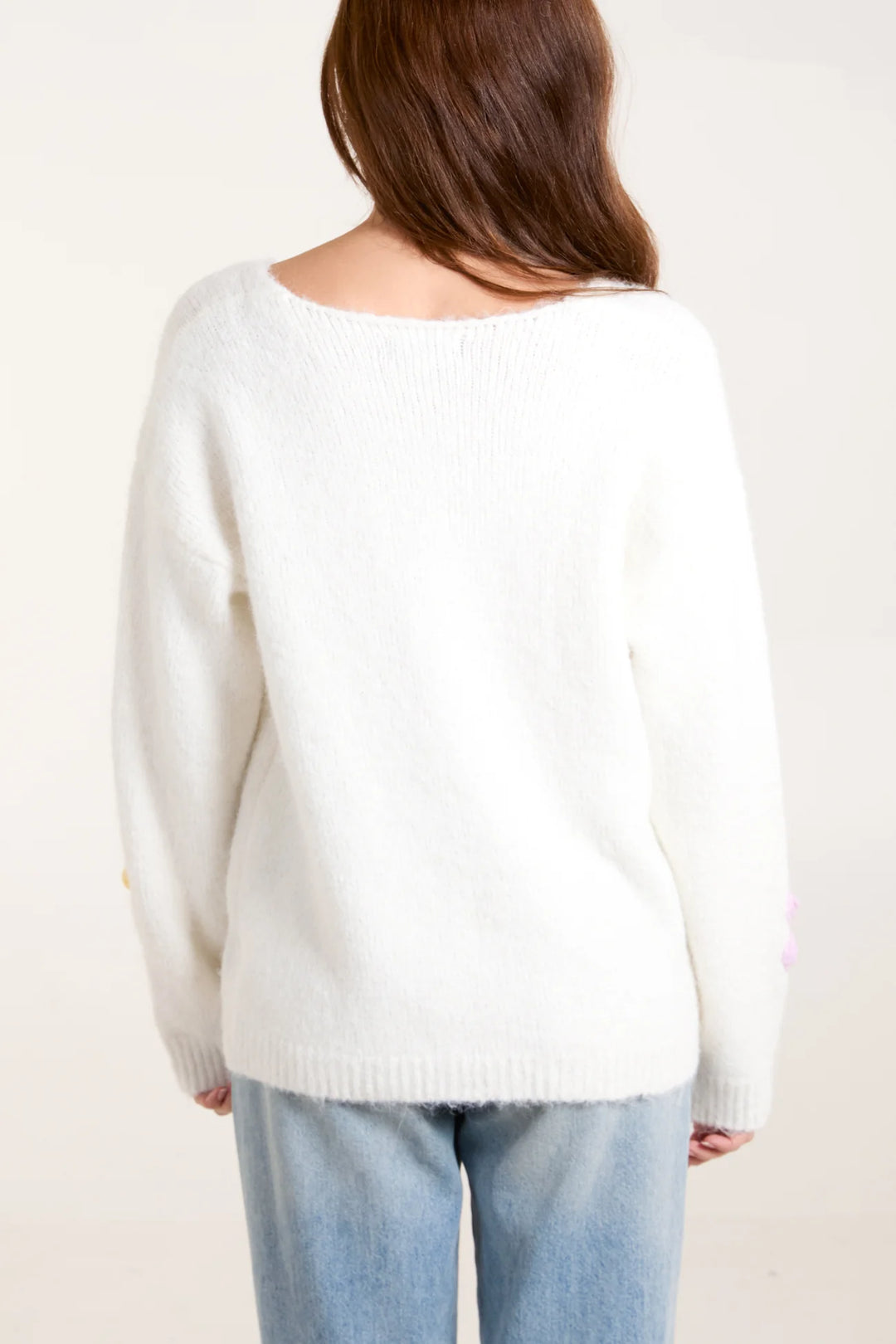 IVORY FLOWER KNIT EMBROIDERY V NECK JUMPER