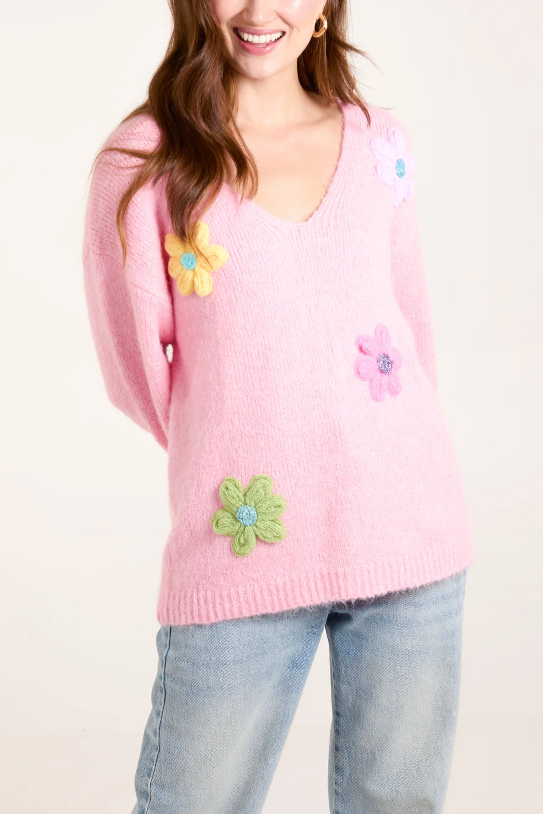 PINK FLOWER KNIT EMBROIDERY V NECK JUMPER