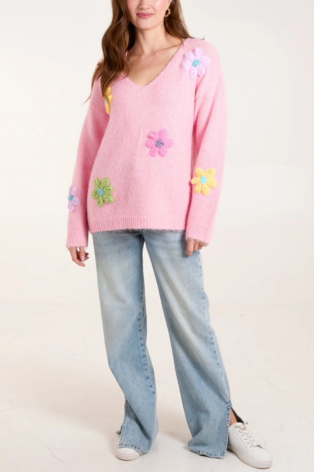 PINK FLOWER KNIT EMBROIDERY V NECK JUMPER