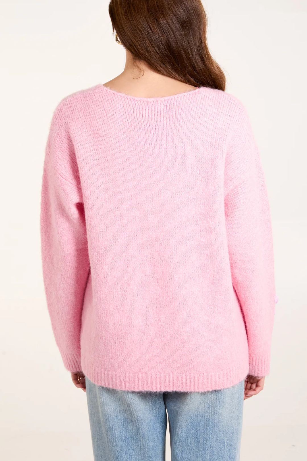 PINK FLOWER KNIT EMBROIDERY V NECK JUMPER