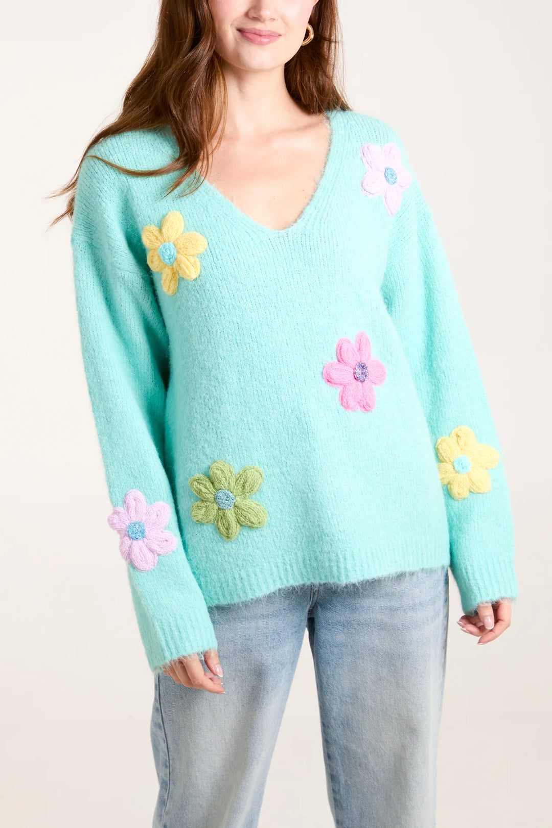 GREEN FLOWER KNIT EMBROIDERY V NECK JUMPER