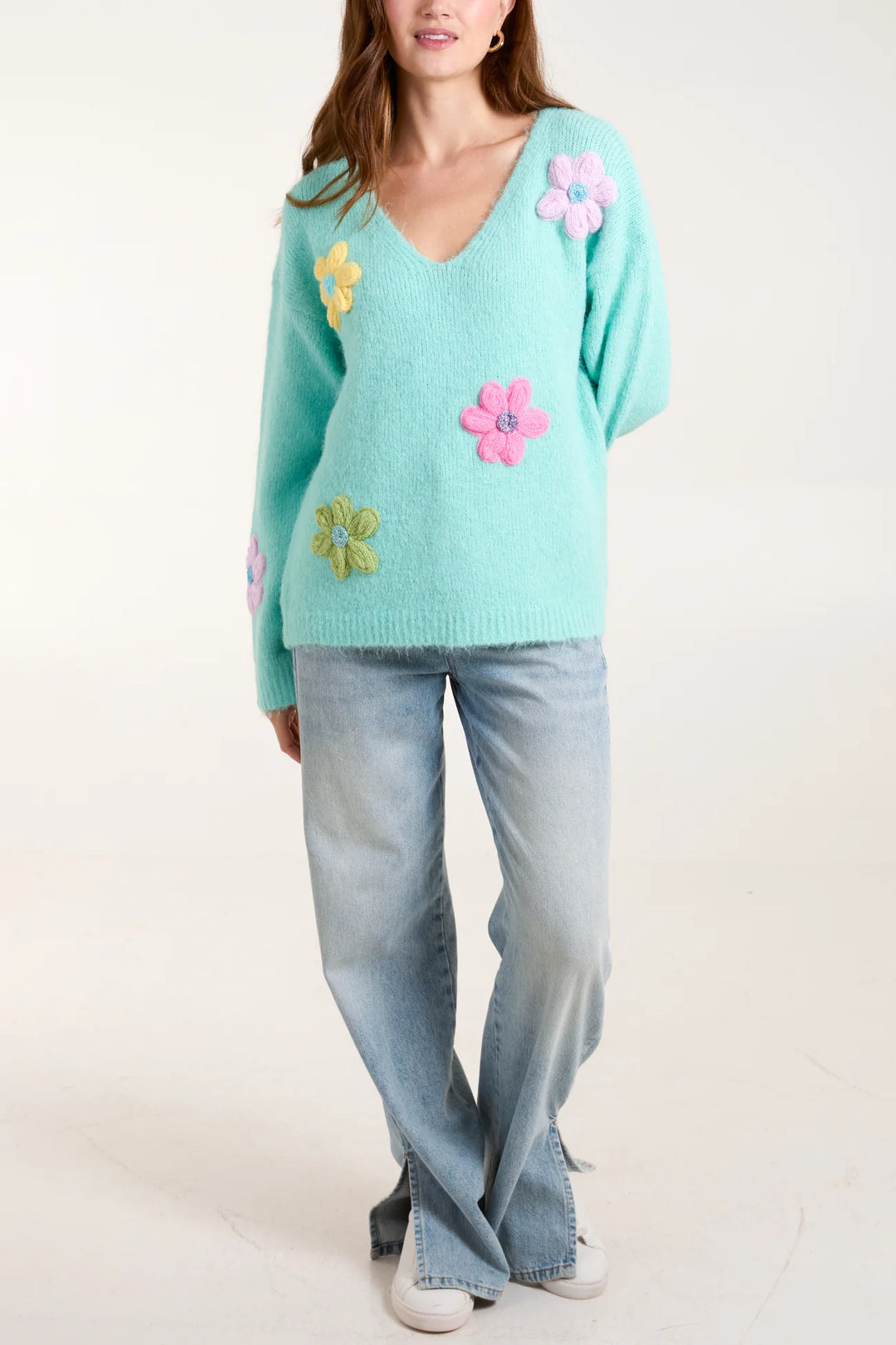 GREEN FLOWER KNIT EMBROIDERY V NECK JUMPER