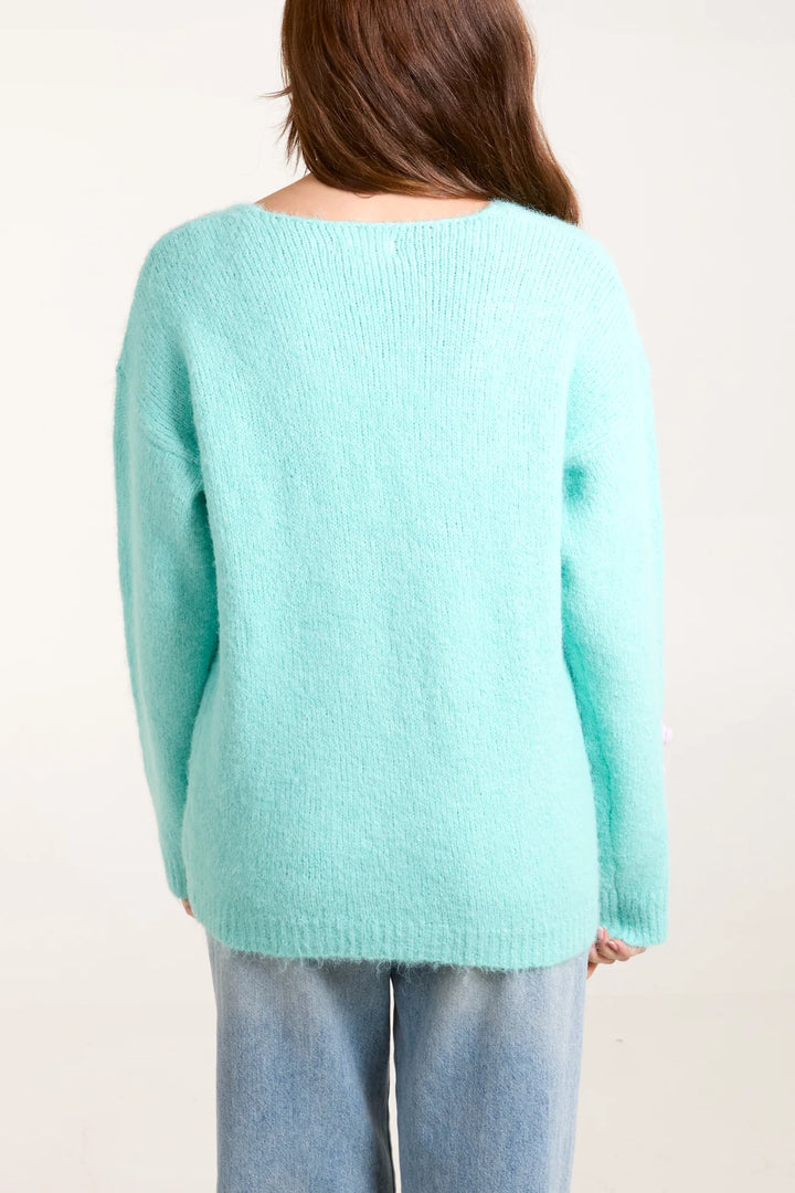 GREEN FLOWER KNIT EMBROIDERY V NECK JUMPER