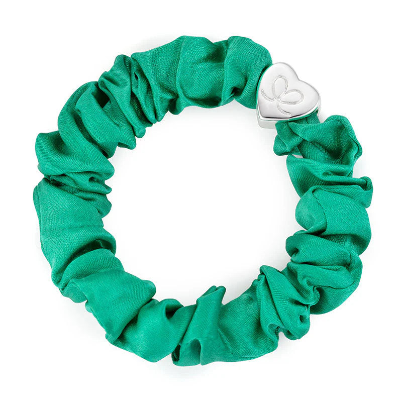 SILVER HEART JUNGLE GREEN SILK SCRUNCHIE