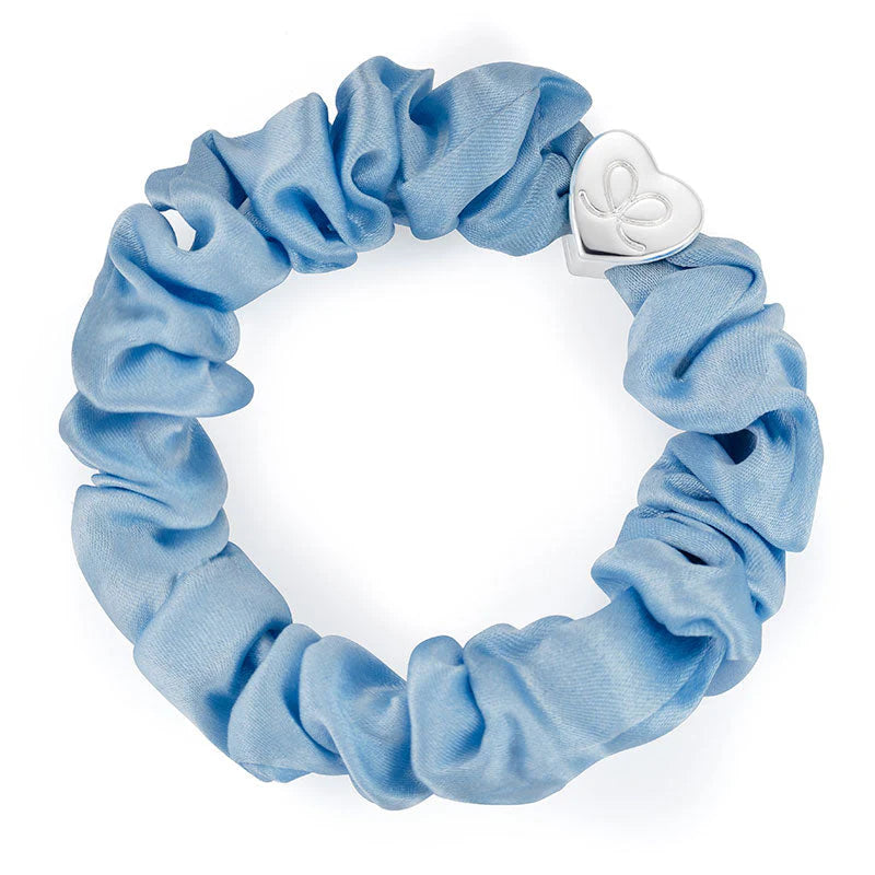 SILVER HEART SKY BLUE SILK SCRUNCHIE