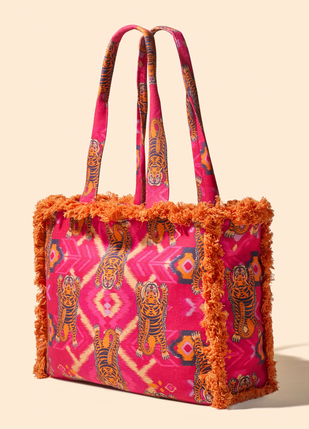 FUCHSIA IKAT TIGER FRINGED BOX TOTE BAG