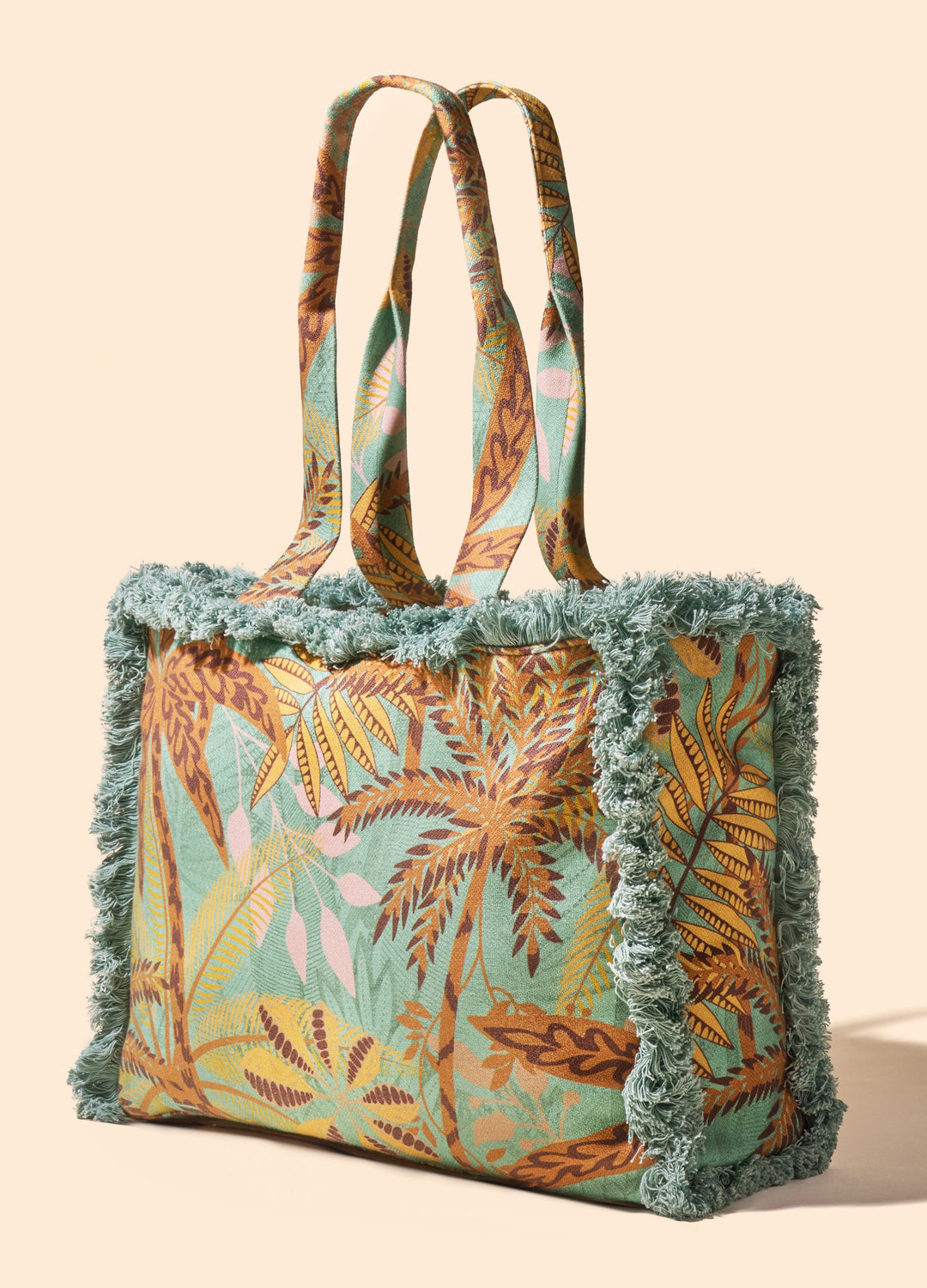 PRINTED PALMS FRINGED BOX TOTE BAG